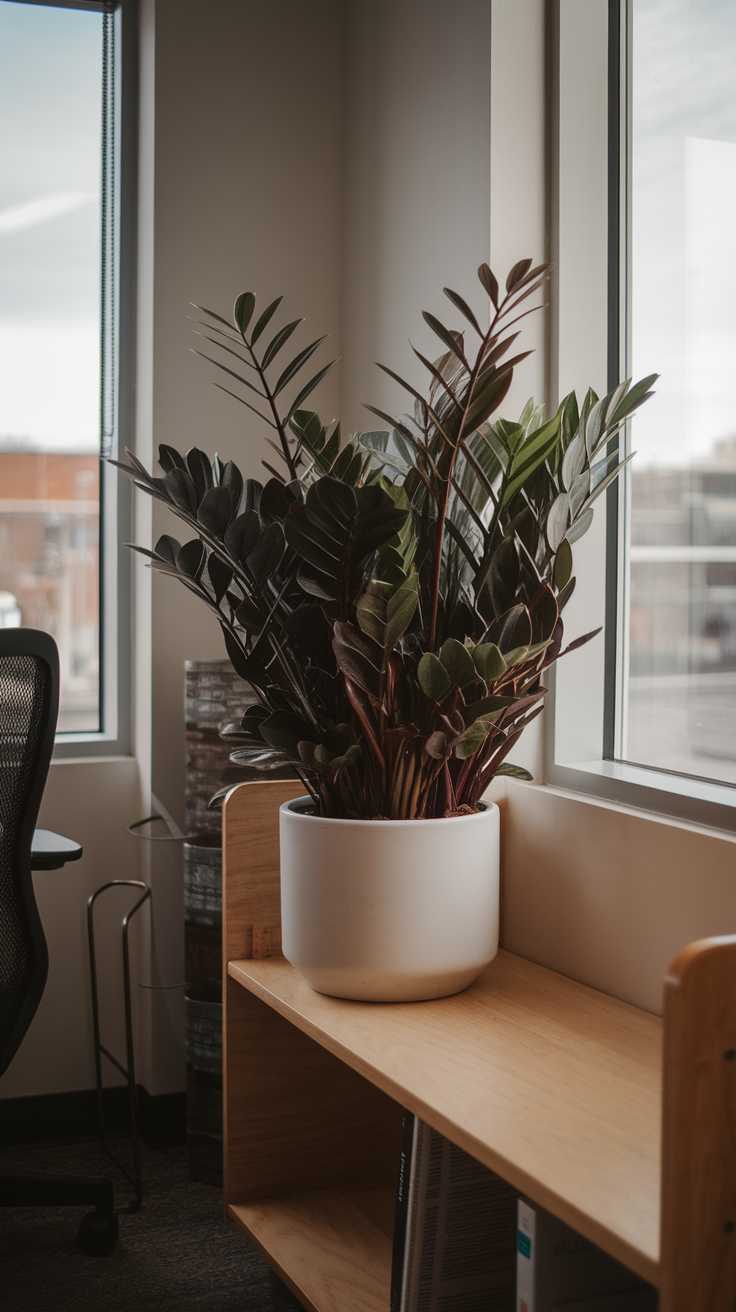 A ZZ plant in a white pot placed by a window, showcasing its lush green leaves.