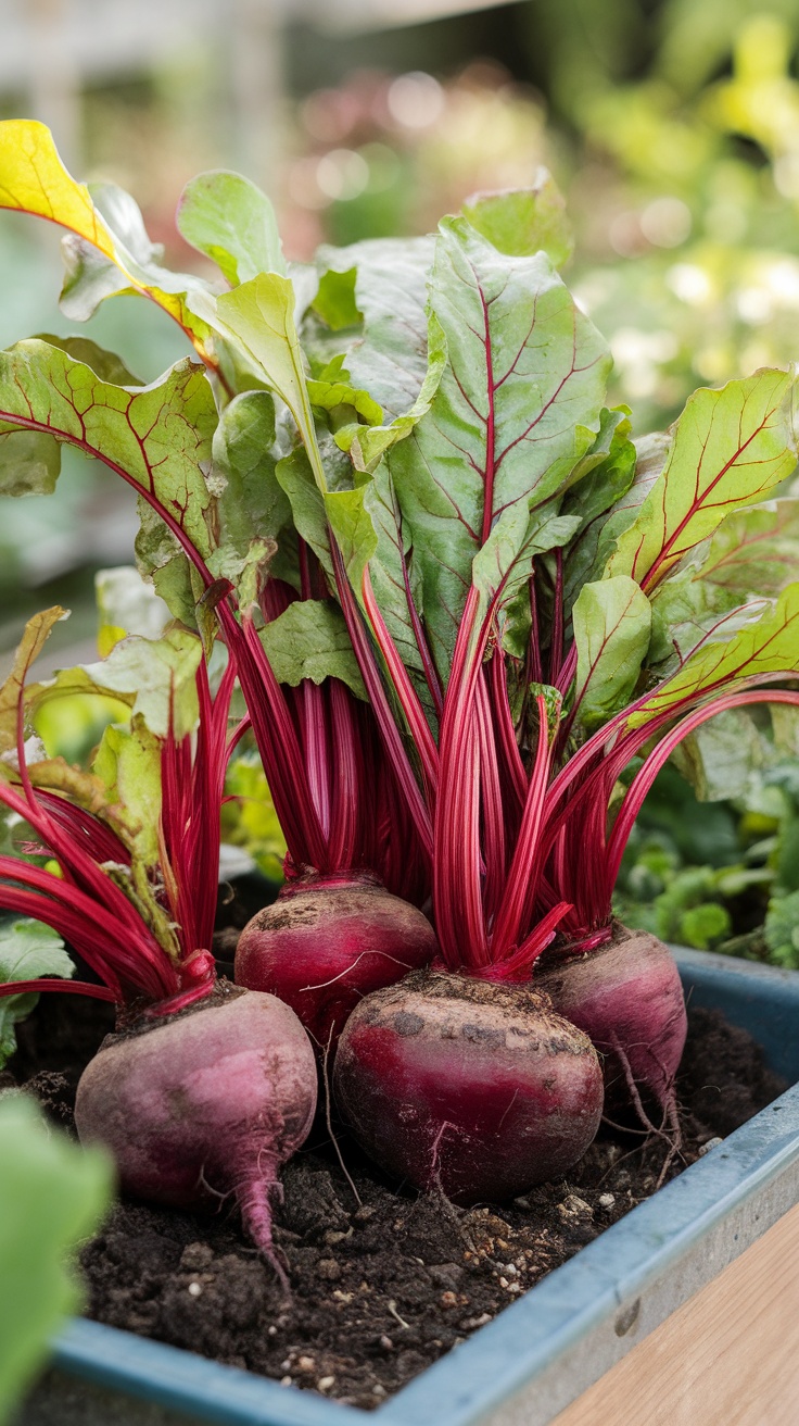 A close-up of vibrant red beets growing in a container, showcasing their lush green leaves and rich soil.