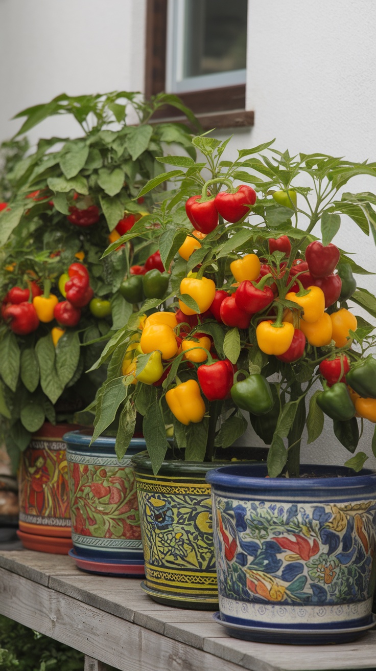 Colorful bell peppers growing in decorative pots on a wooden shelf.
