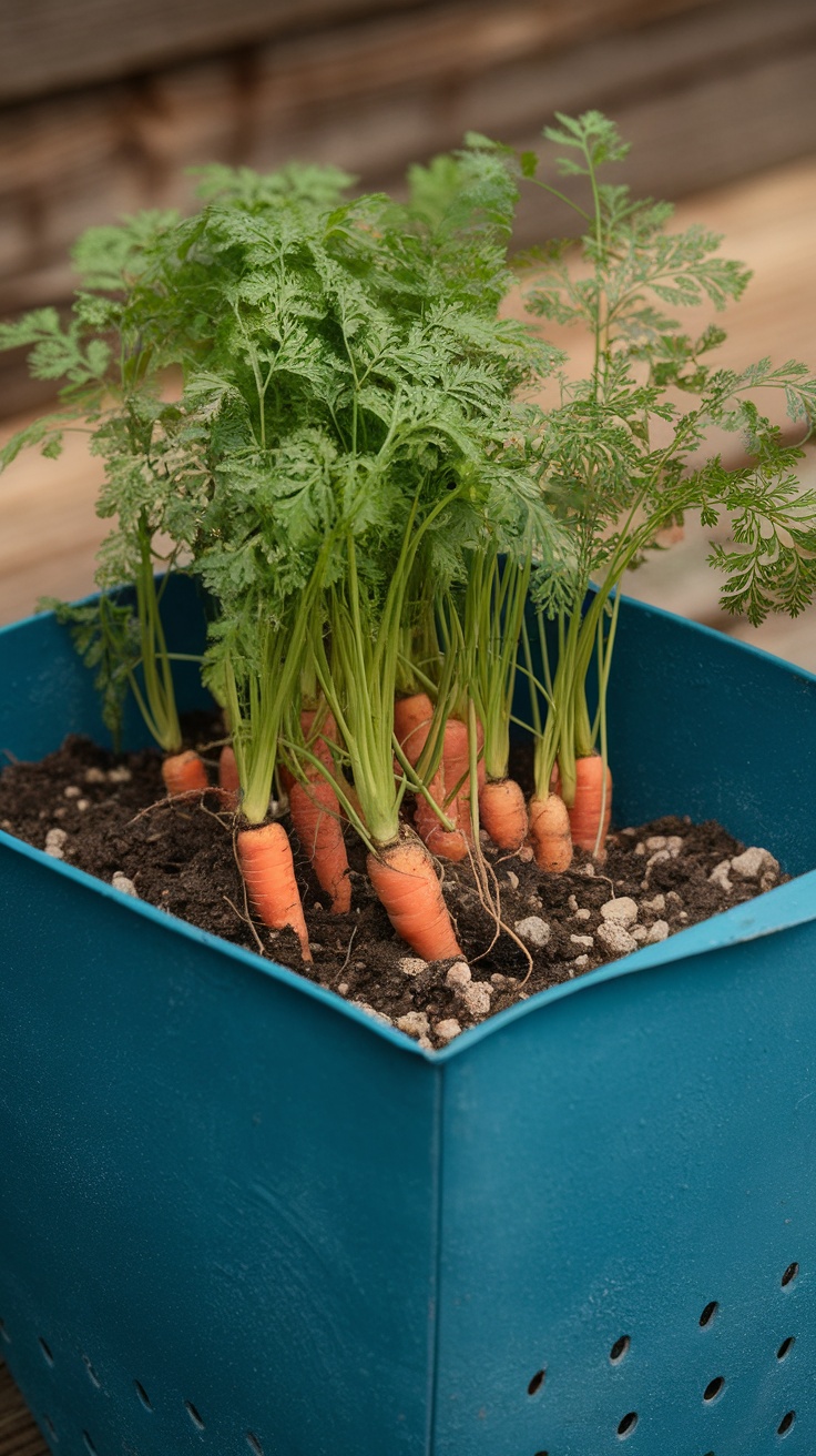 Container of growing carrots with green tops and orange roots visible.