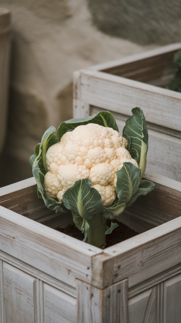 A healthy cauliflower plant growing in a rustic wooden container.