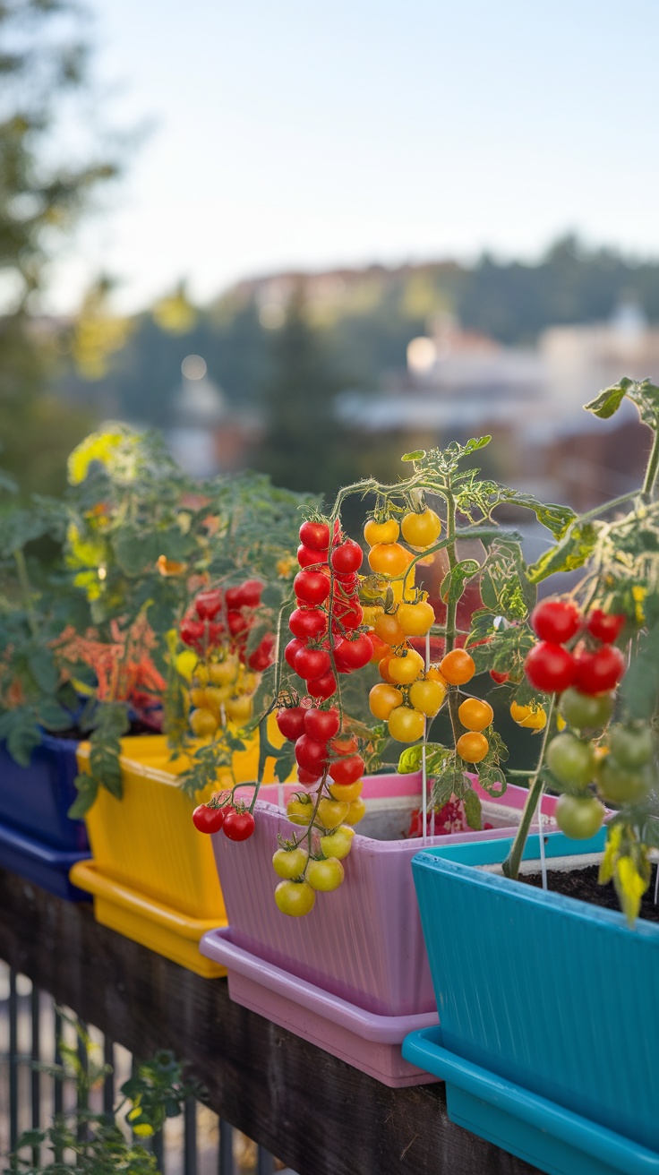 Colorful containers filled with cherry tomato plants, showcasing ripe red and yellow tomatoes.