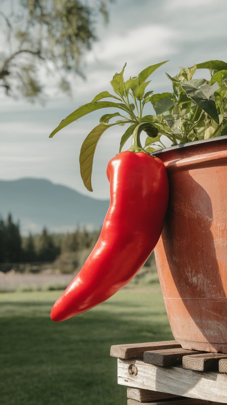 A vibrant red chili pepper hanging from a potted plant outdoors