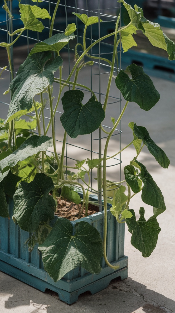 Cucumber plants growing vertically on a trellis in a blue container