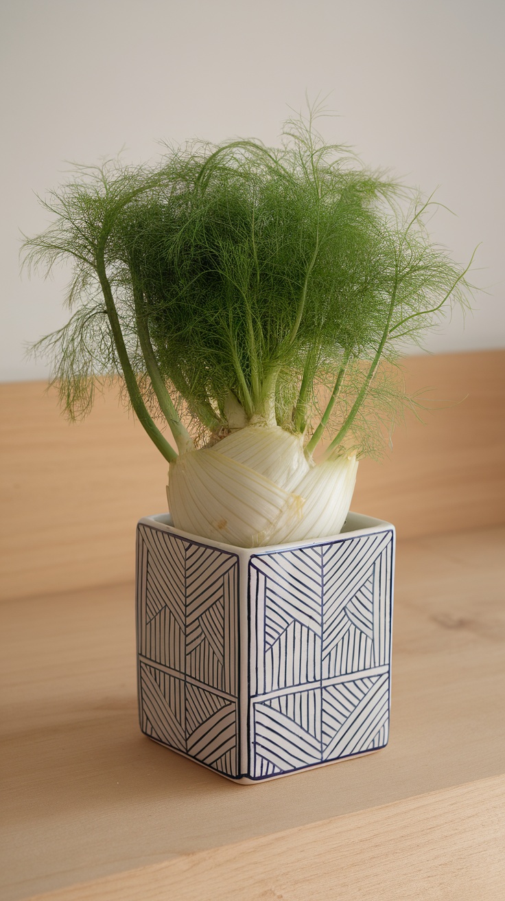 A fennel plant with green feathery leaves growing in a geometric patterned white pot.