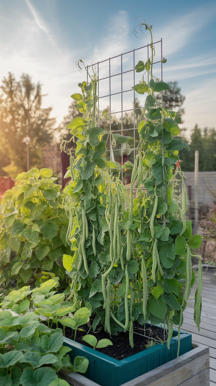 Green bean plants climbing a trellis in a container garden