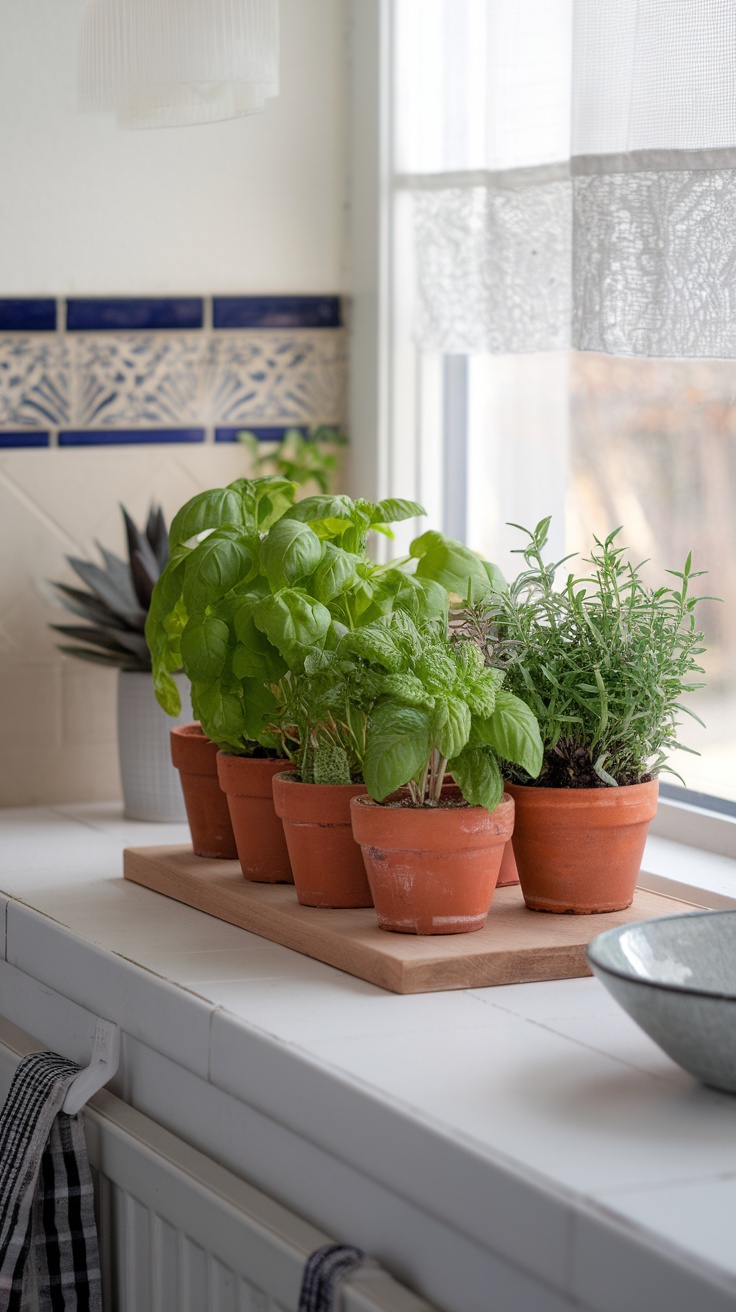 A collection of potted basil, mint, and oregano on a kitchen windowsill