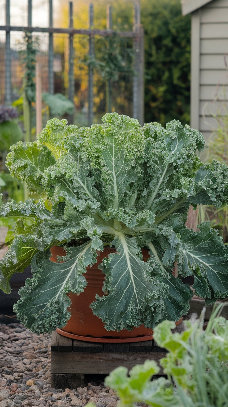 Lush kale plant in a terracotta pot, thriving in a garden setting