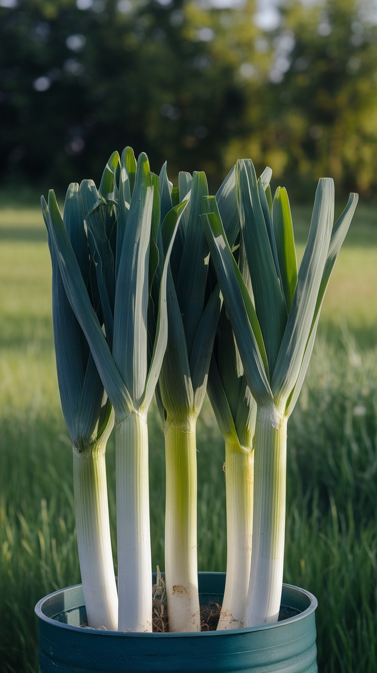 Healthy leeks growing in a blue container with green foliage in the background