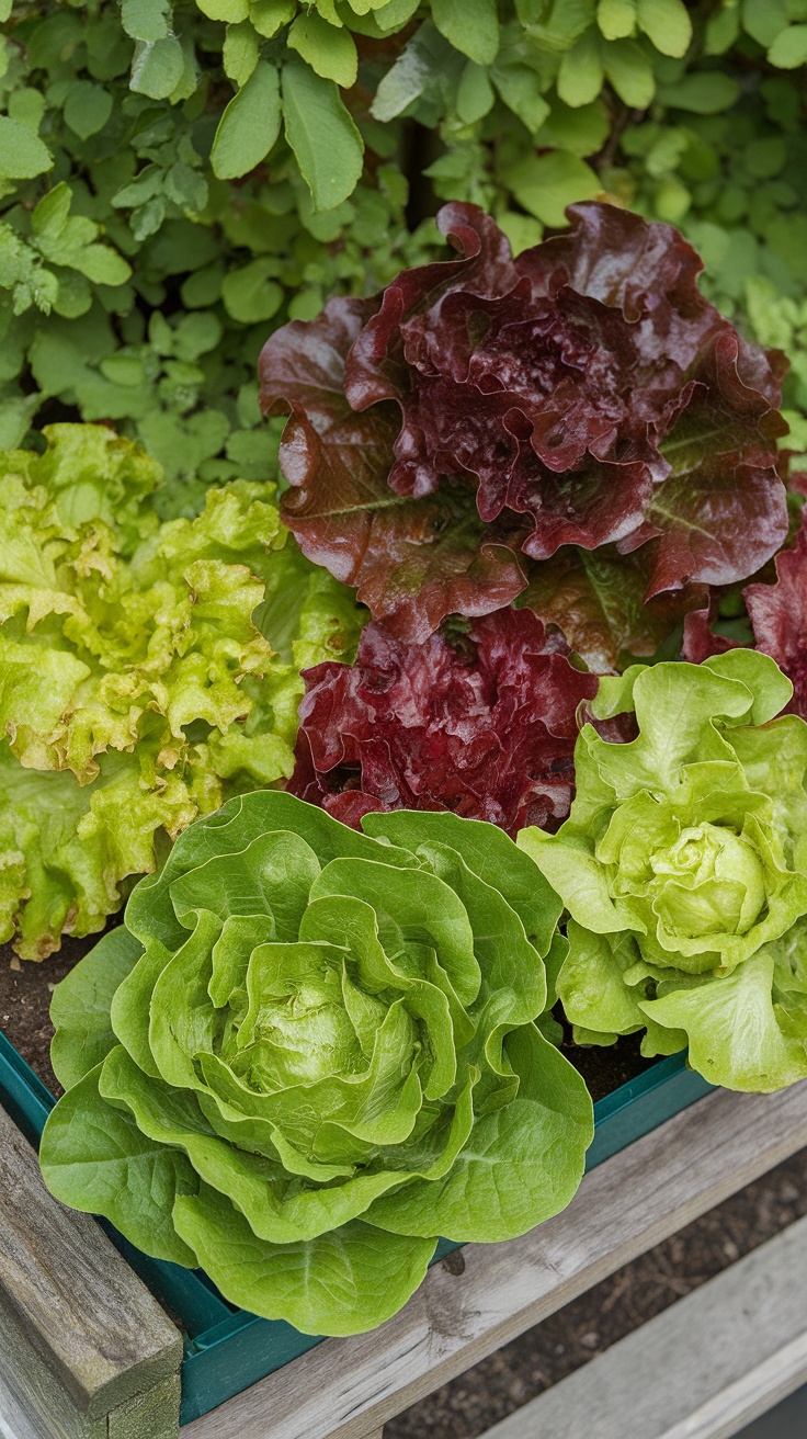 A variety of lettuces in a container garden, showcasing different colors and textures.