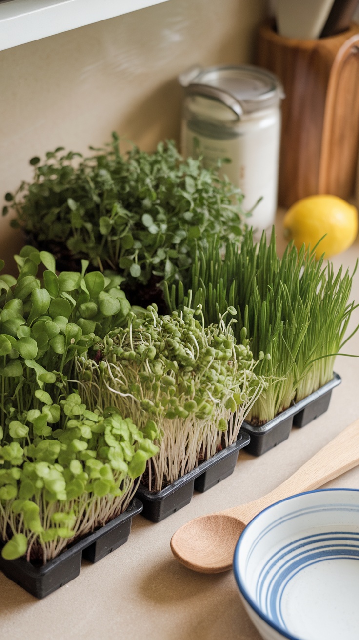 Trays of microgreens on a countertop with a wooden spoon and bowl