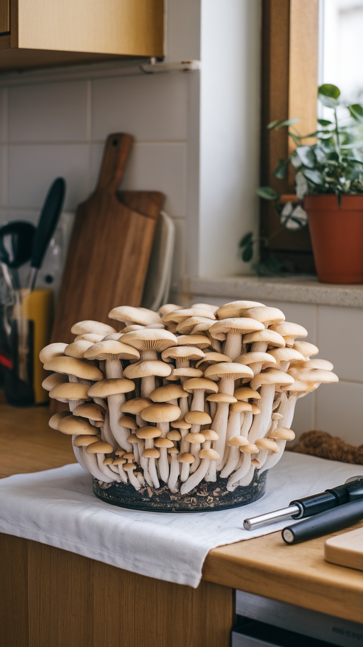 A close-up view of a cluster of mushrooms growing in a container on a kitchen countertop.