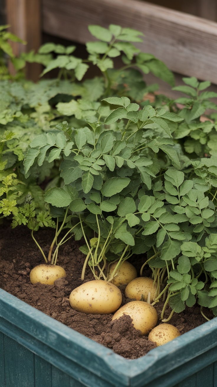 A container with healthy potato plants and visible potatoes growing in the soil.