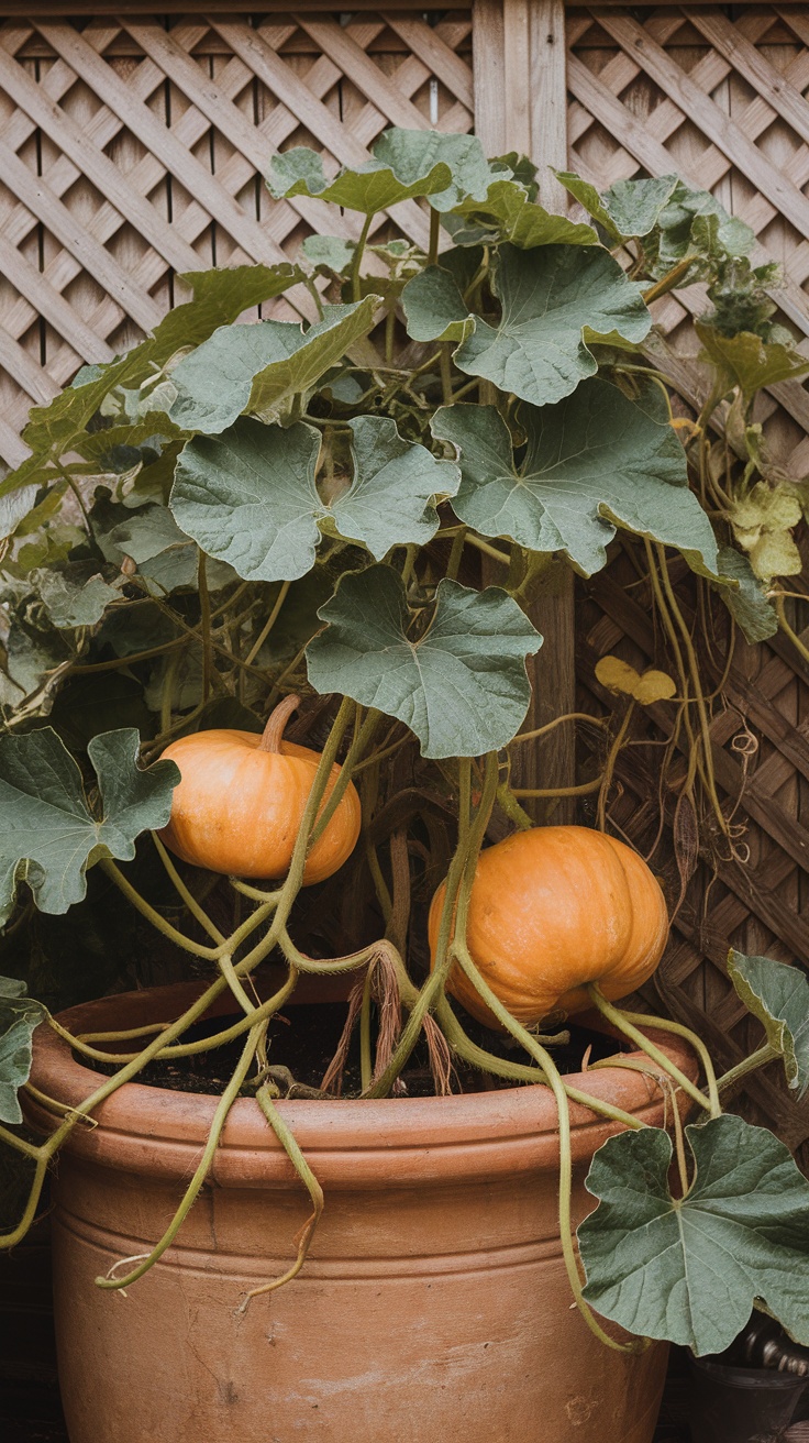 Pumpkins growing in a large clay container with green leaves.