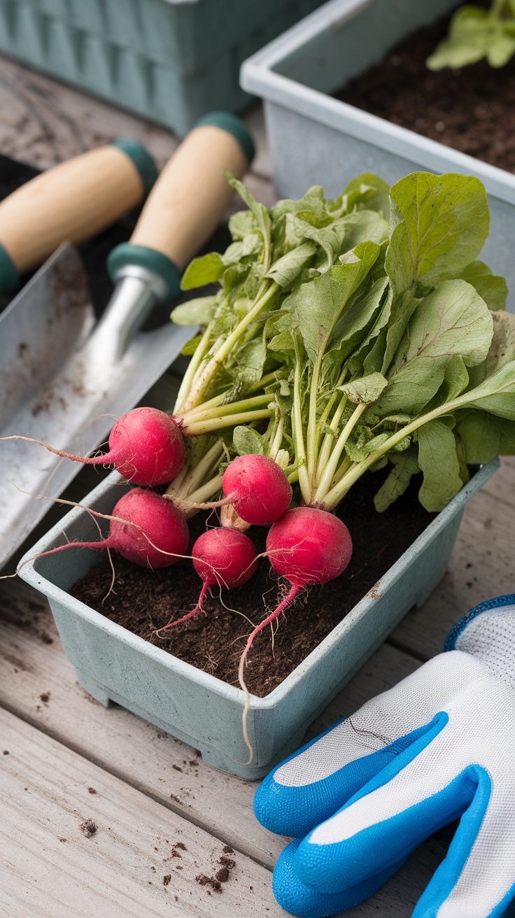 Freshly harvested red radishes with green leaves in a container, gardening tools and gloves nearby.