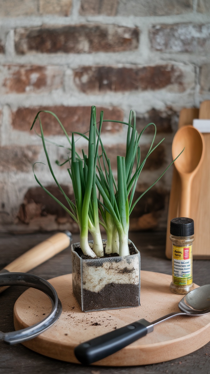 A pot of scallions with green tops and white roots on a wooden cutting board, with a spoon and spice container nearby.