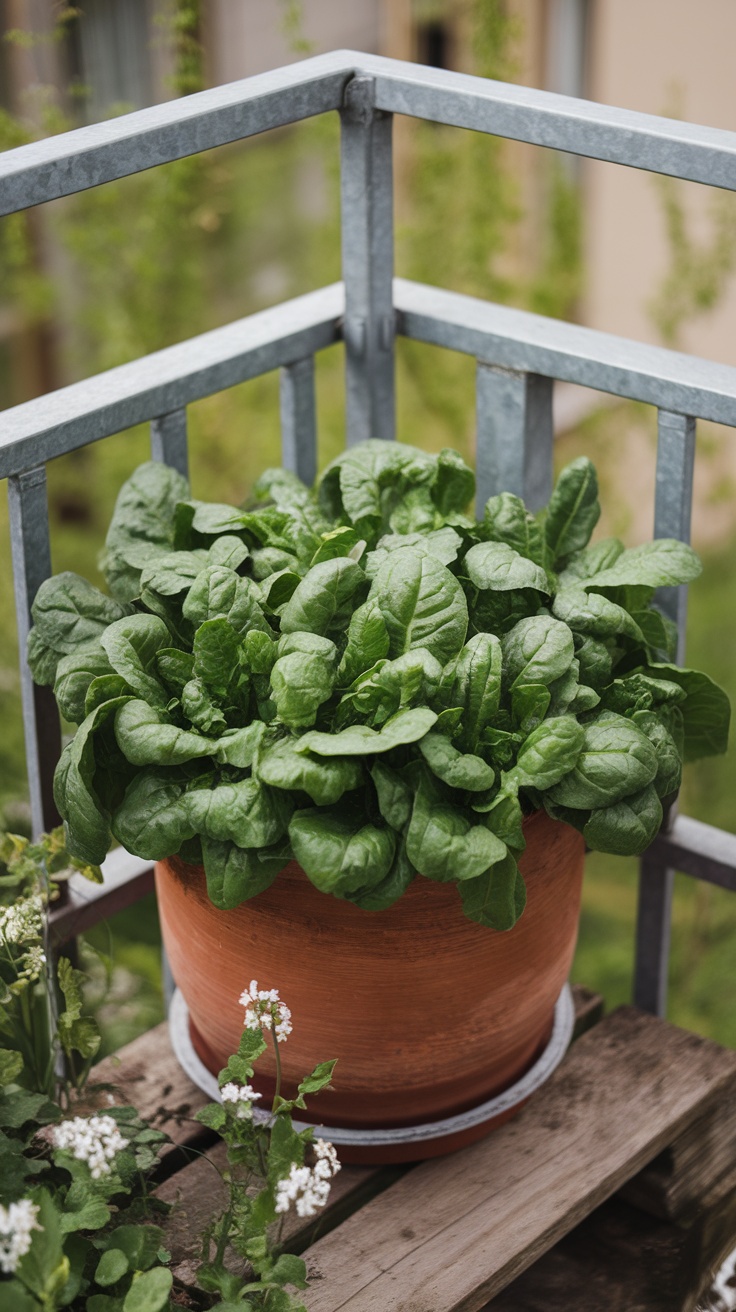 A thriving spinach plant in a terracotta pot on a balcony