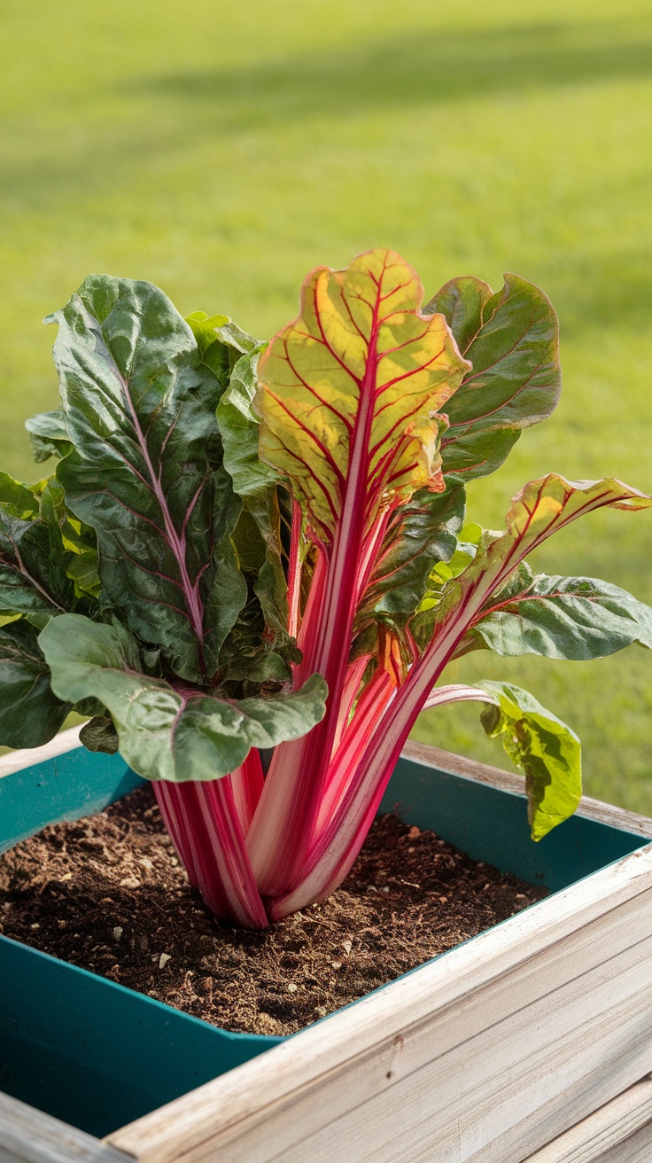 Swiss chard plant with vibrant red and yellow stems growing in a container