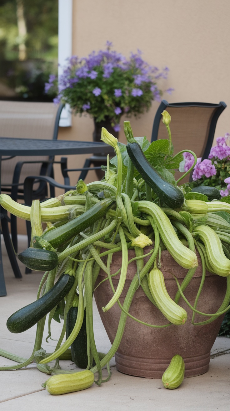 Container overflowing with zucchini plants and flowers