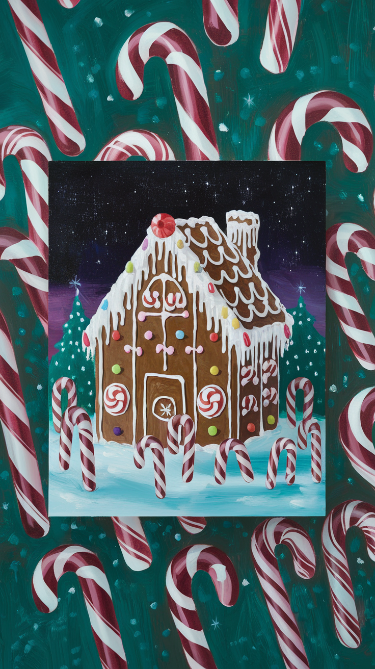 A festive gingerbread house surrounded by candy canes, showcasing holiday art.
