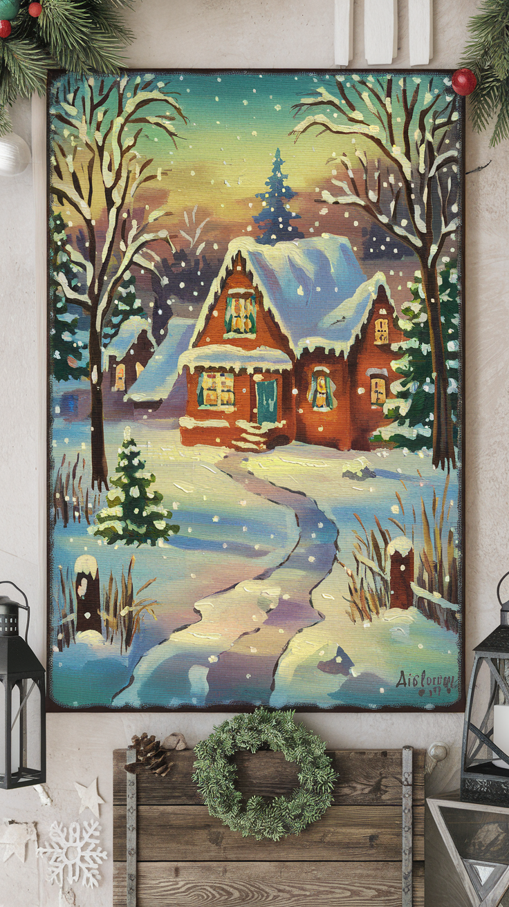 A cozy cottage in a snowy landscape, decorated for the holidays