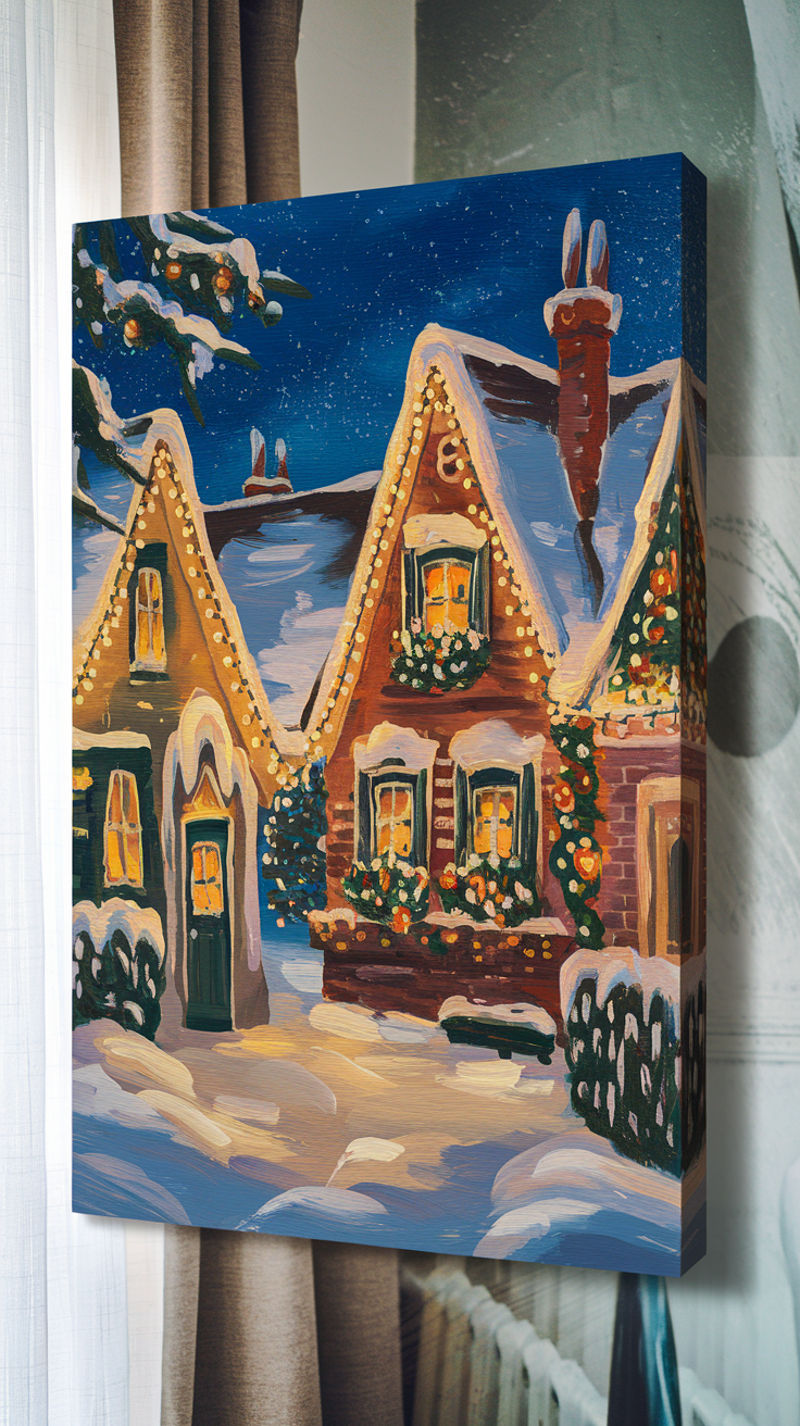 A charming winter village with snow-covered houses decorated with lights and holiday wreaths.