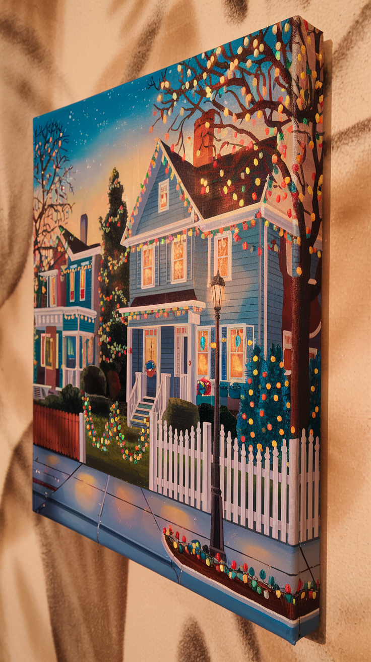 A colorful holiday-themed painting of houses decorated with Christmas lights.
