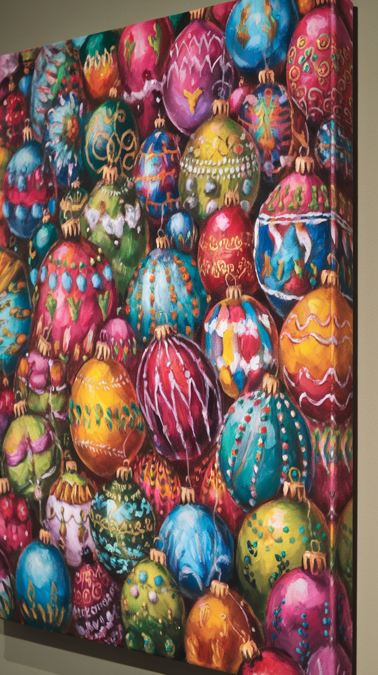 A vibrant collection of colorful Christmas ornaments, showcasing various designs and colors.