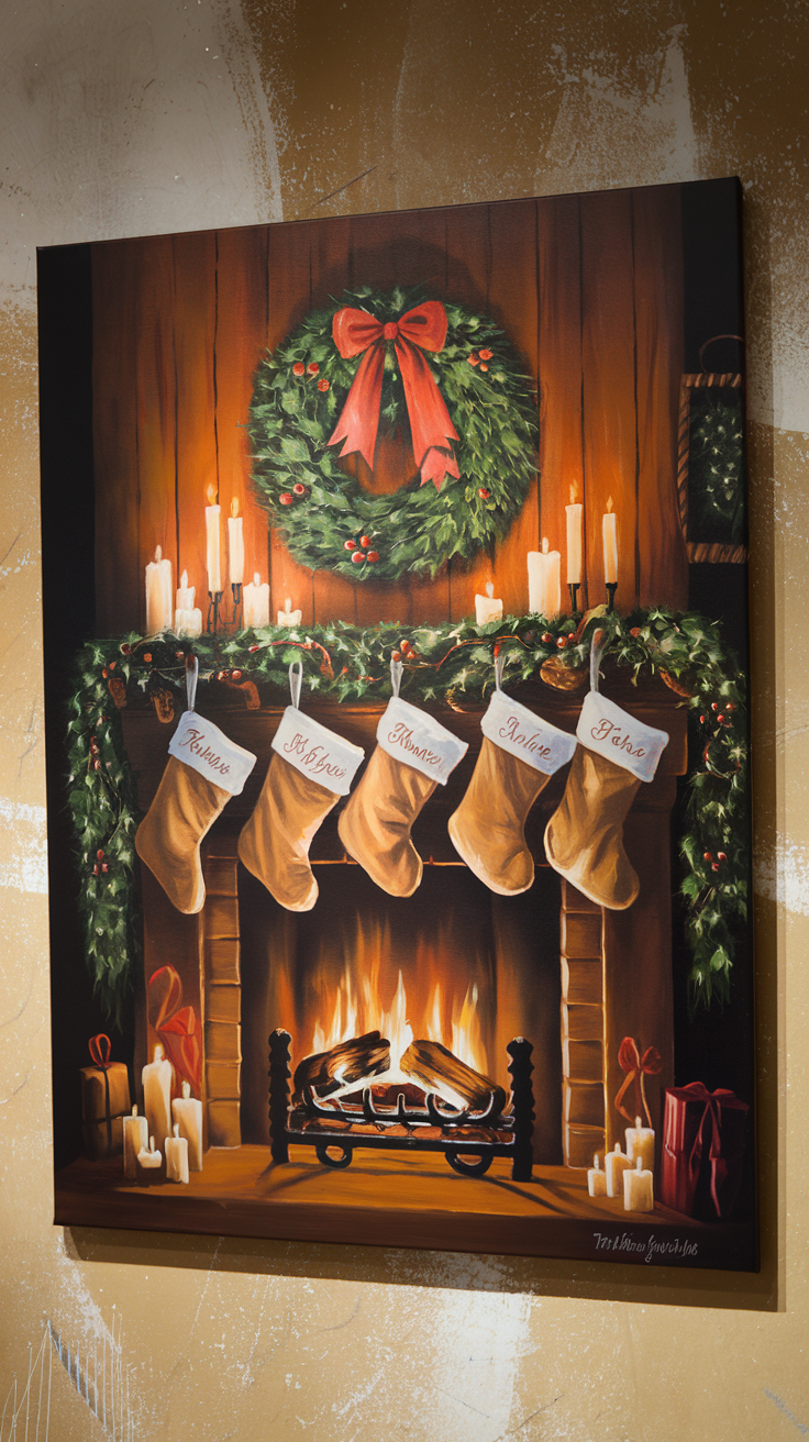 A cozy fireplace with stockings and candles, decorated for the holidays