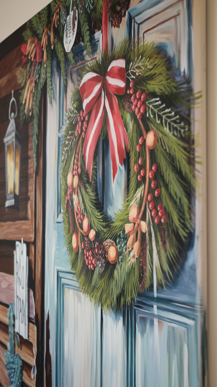 A detailed painting of a festive holiday wreath with red berries, ornaments, and a red bow on a blue door.