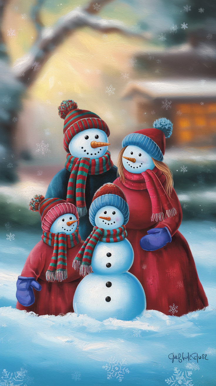 A cheerful snowman family dressed in colorful hats and scarves stands in the snow with a warm house in the background.