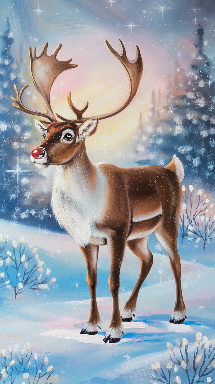 A reindeer standing in a snowy landscape with colorful skies and snowflakes.