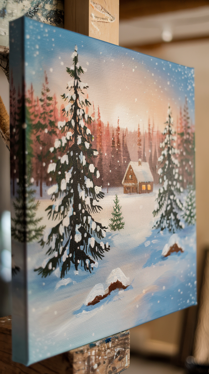 A snowy winter landscape painting featuring evergreen trees and a cozy cabin.