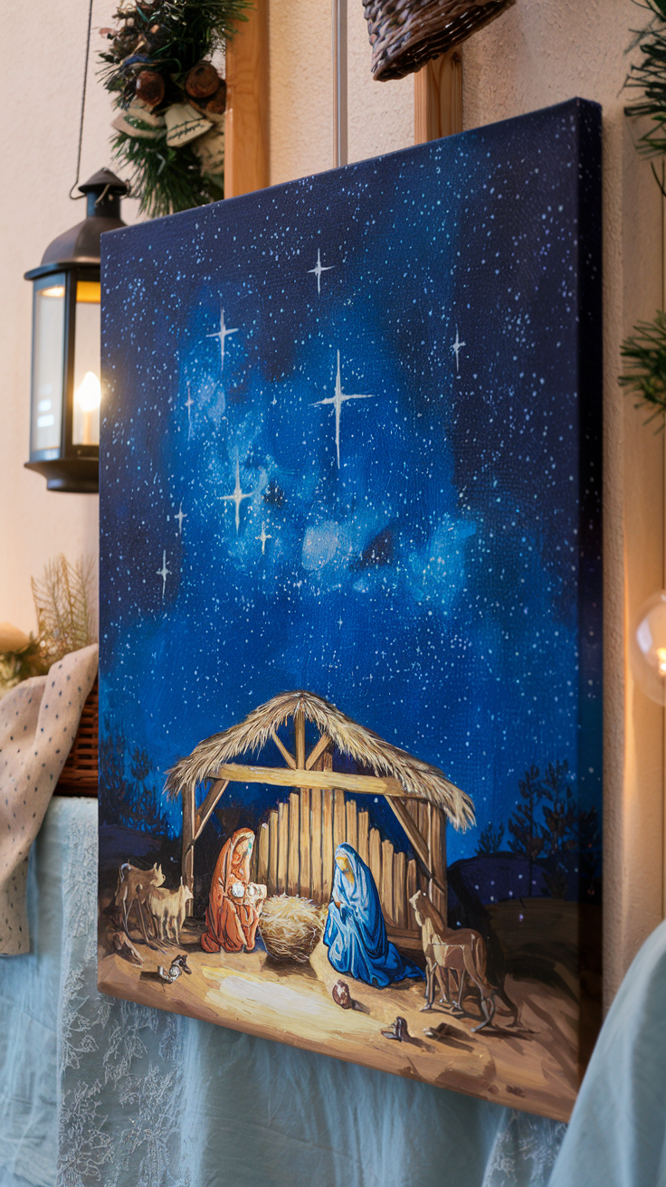 A holiday painting depicting a nativity scene under a starry night sky