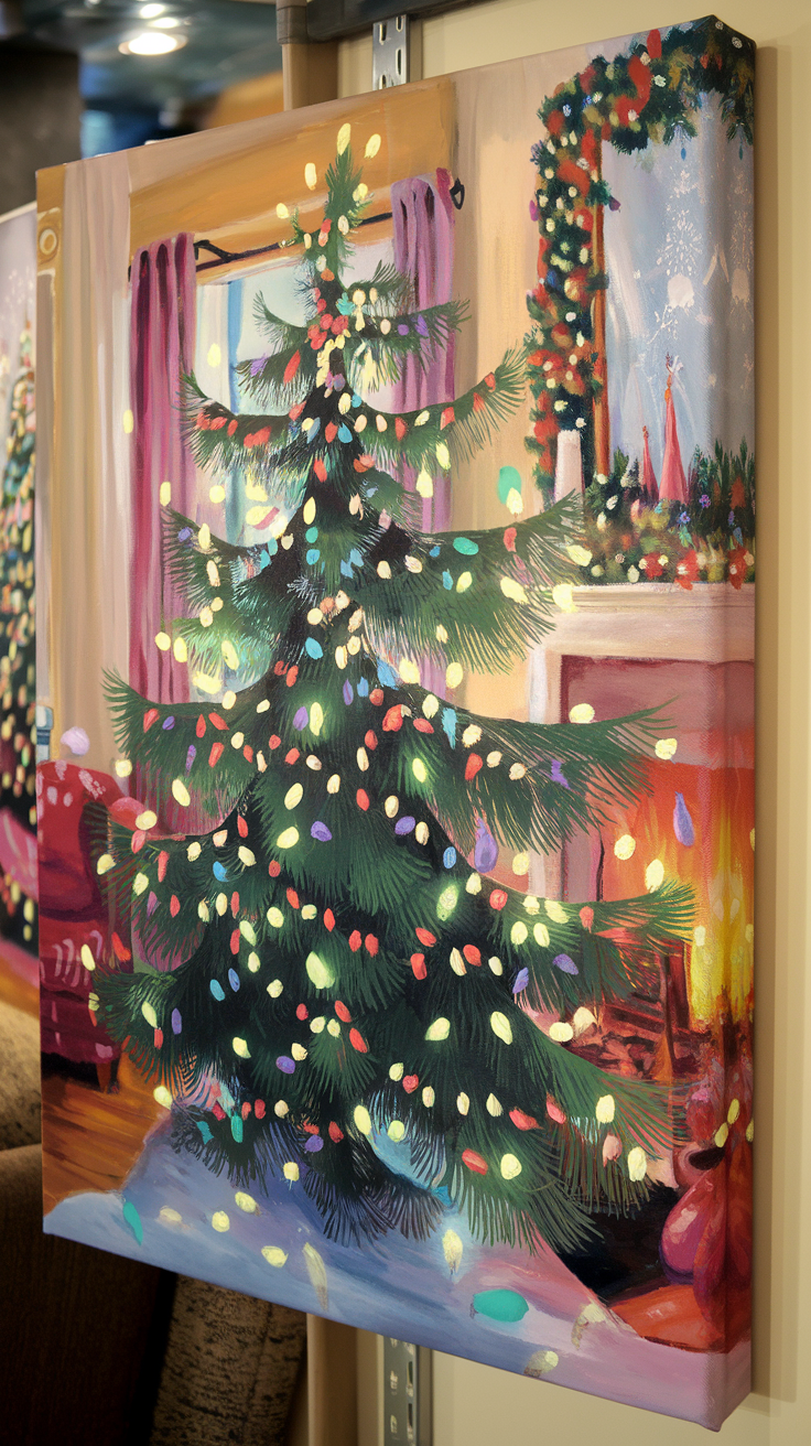 A vibrant painting of a Christmas tree decorated with colorful lights in a cozy room.