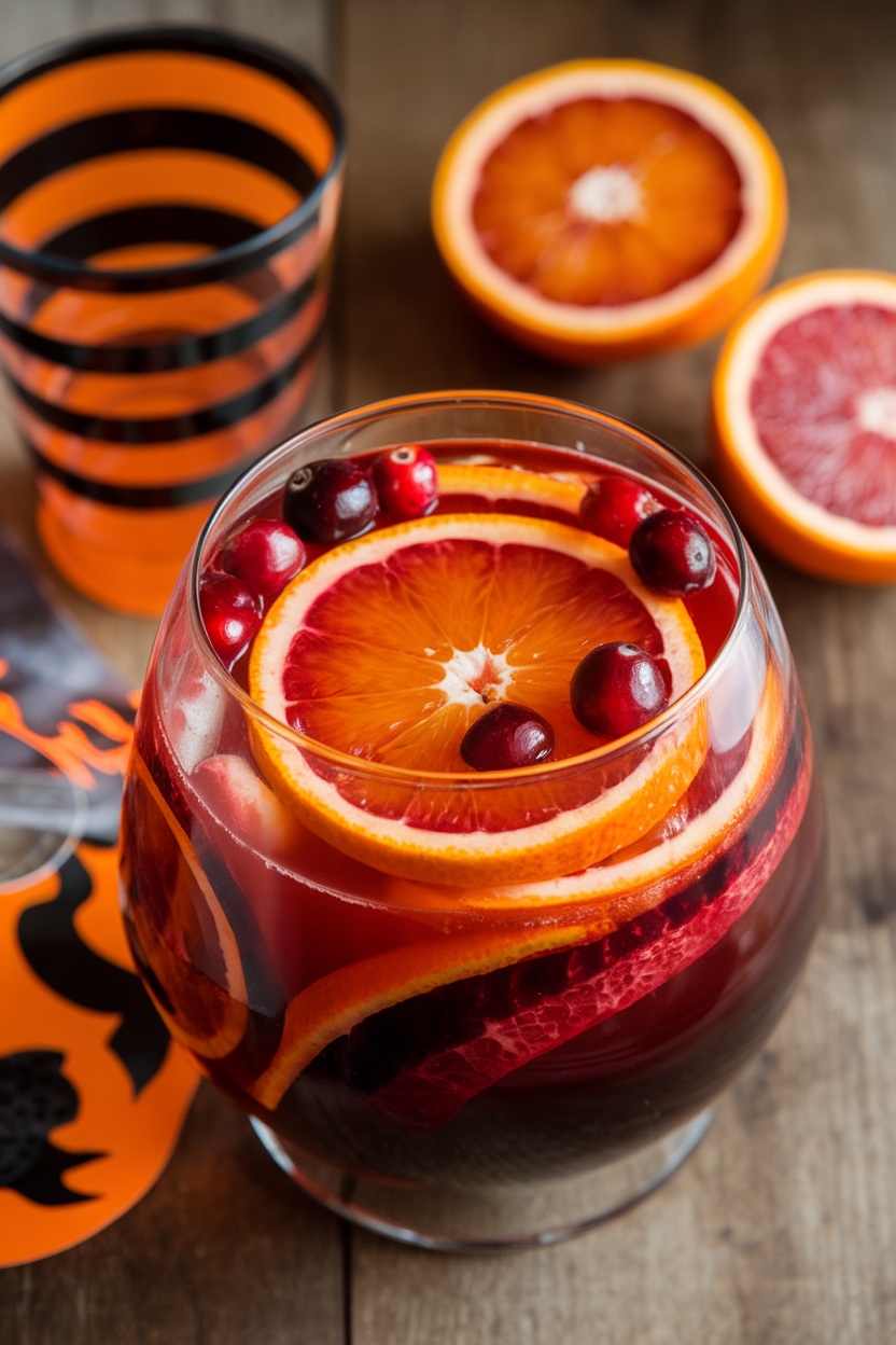 A bowl of Blood Orange Sangria garnished with slices of blood orange and cranberries, perfect for Halloween.