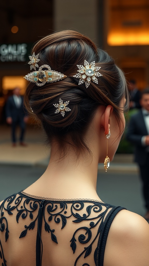 A close-up of a woman's elegant bun hairstyle adorned with decorative hair clips.