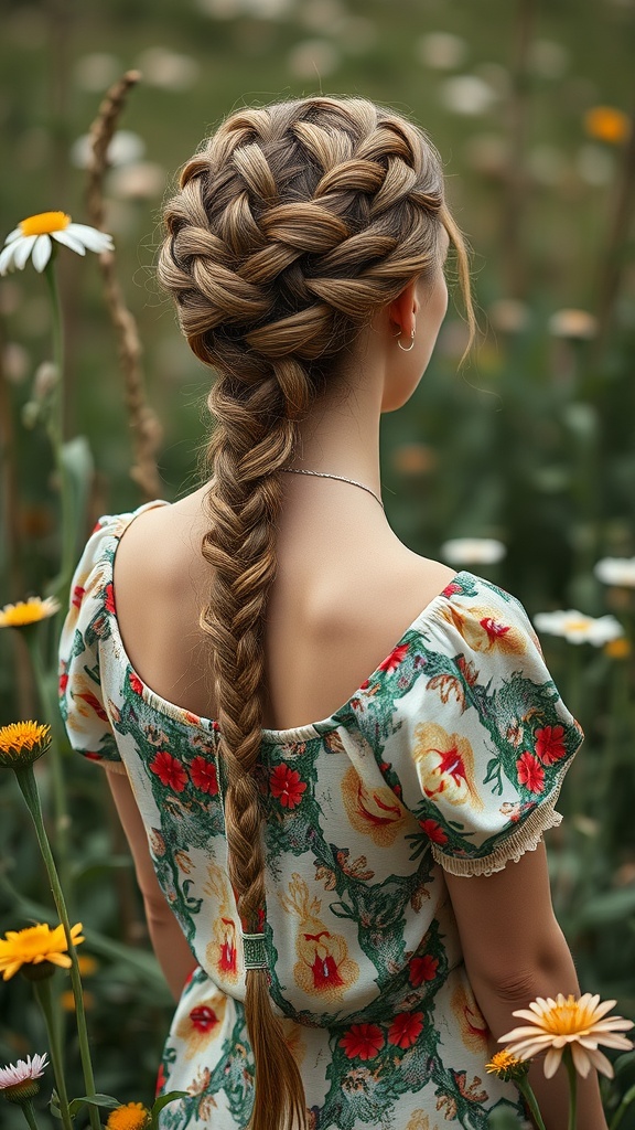 A woman with long braided hair styled in a bohemian updo, wearing a floral dress in a garden setting.