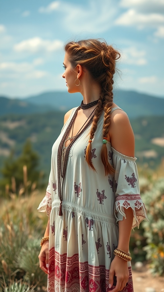 A woman with boho braids adorned with beads, wearing a stylish dress outdoors.