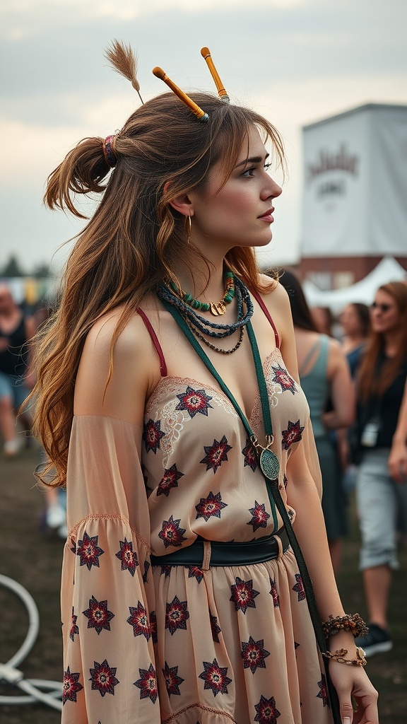 A woman with boho brown sugar hair wearing layered necklaces and hair accessories, showcasing a casual, stylish look.