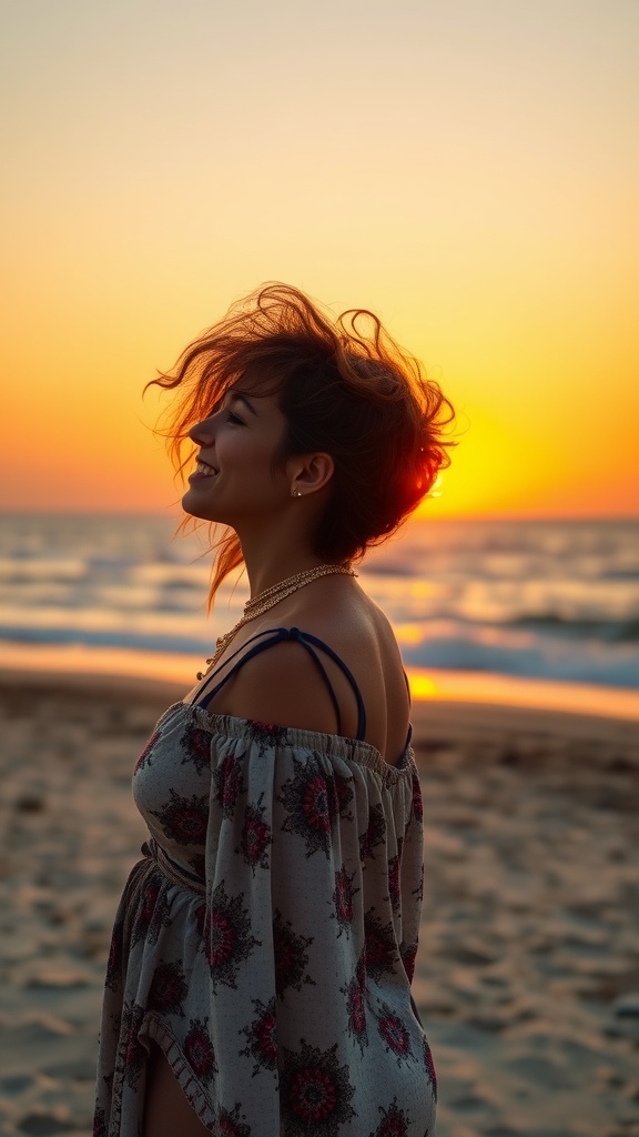 A woman with curly pixie hair, wearing a bohemian-style dress, standing on the beach at sunset.