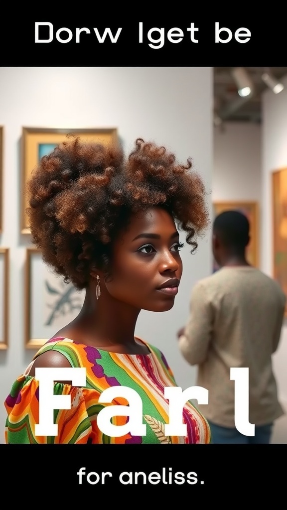 A woman with a bold curly hairstyle, wearing a colorful outfit, standing in an art gallery.