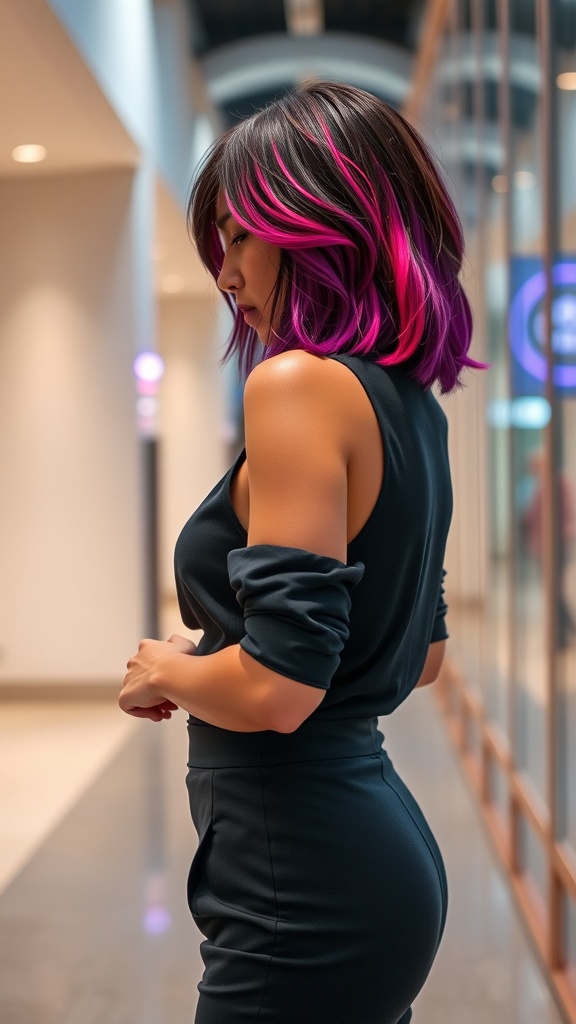 Woman with dark hair featuring bold pink peekaboo highlights, wearing a stylish outfit.