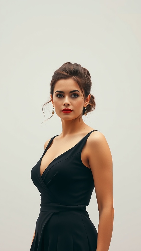 Woman with a bold pompadour hairstyle and loose ends, wearing a black dress.