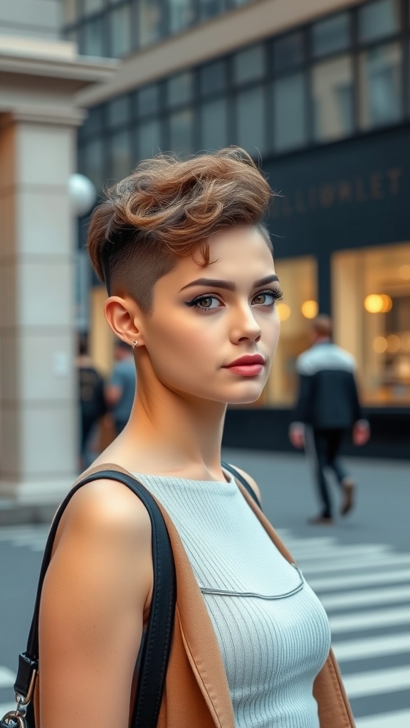 A woman with a bold undercut and curly hair, dressed in a stylish outfit, standing in an urban environment.