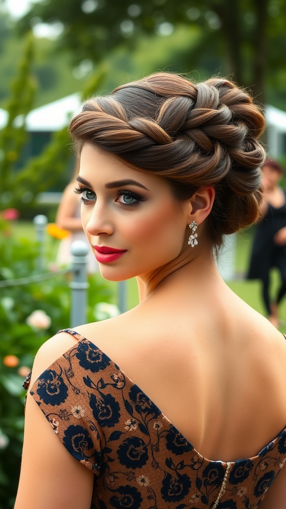 A woman with a braided crown updo, showcasing her elegant hairstyle and floral dress.