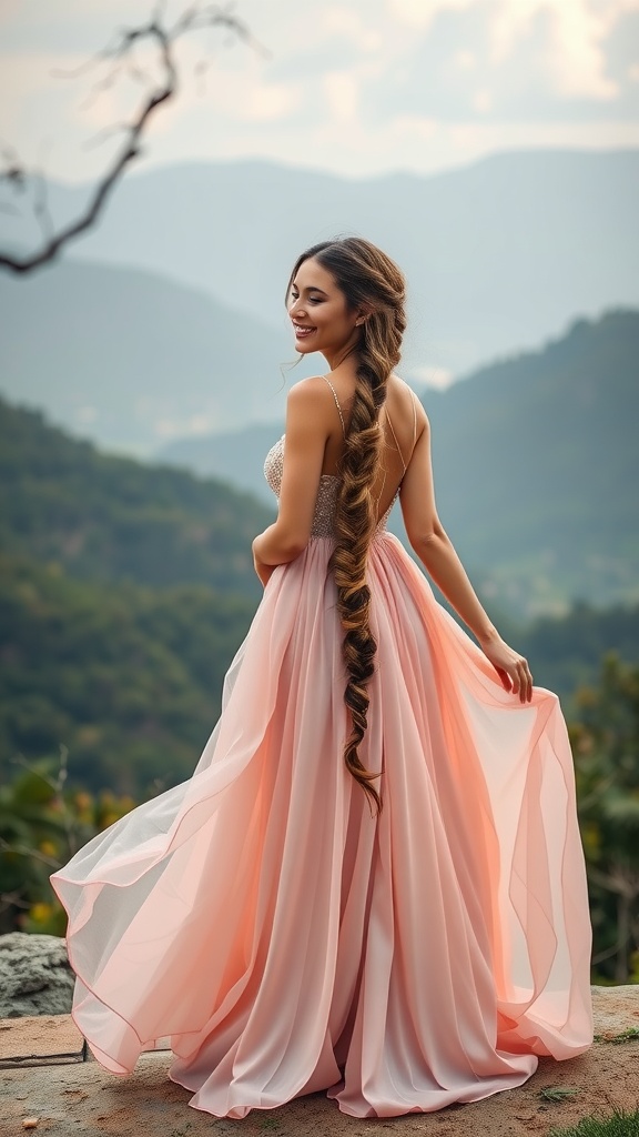 A woman wearing a pink dress with a cascading waterfall braid hairstyle.