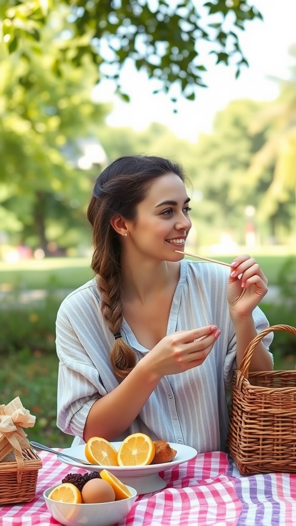 A woman enjoying a picnic with a chic curly side braid, wearing a casual striped shirt.