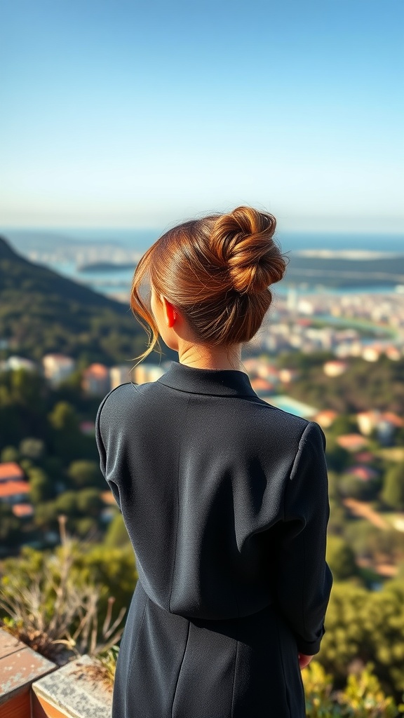 A woman with a voluminous side bun hairstyle, standing outdoors with a scenic background.