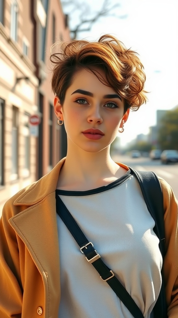A woman with a textured curly pixie hairstyle, wearing a stylish outfit, standing outdoors.